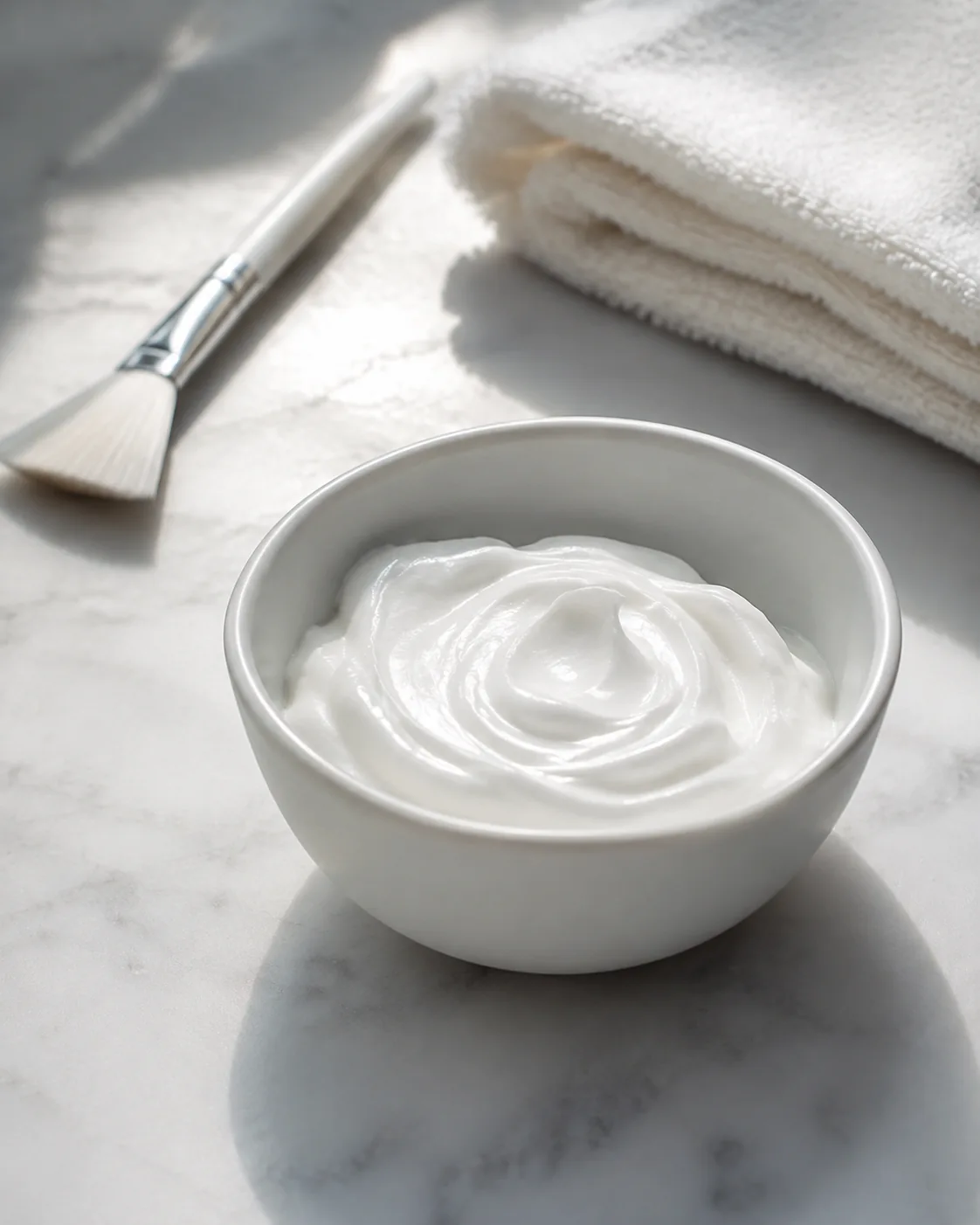 Ceramic skincare bowl, soft brush, and folded towel